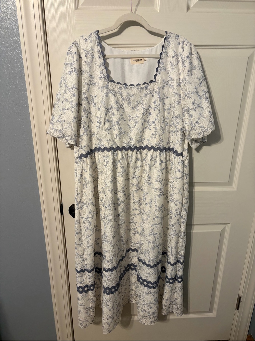Polagram White Dress with Blue Floral Trim